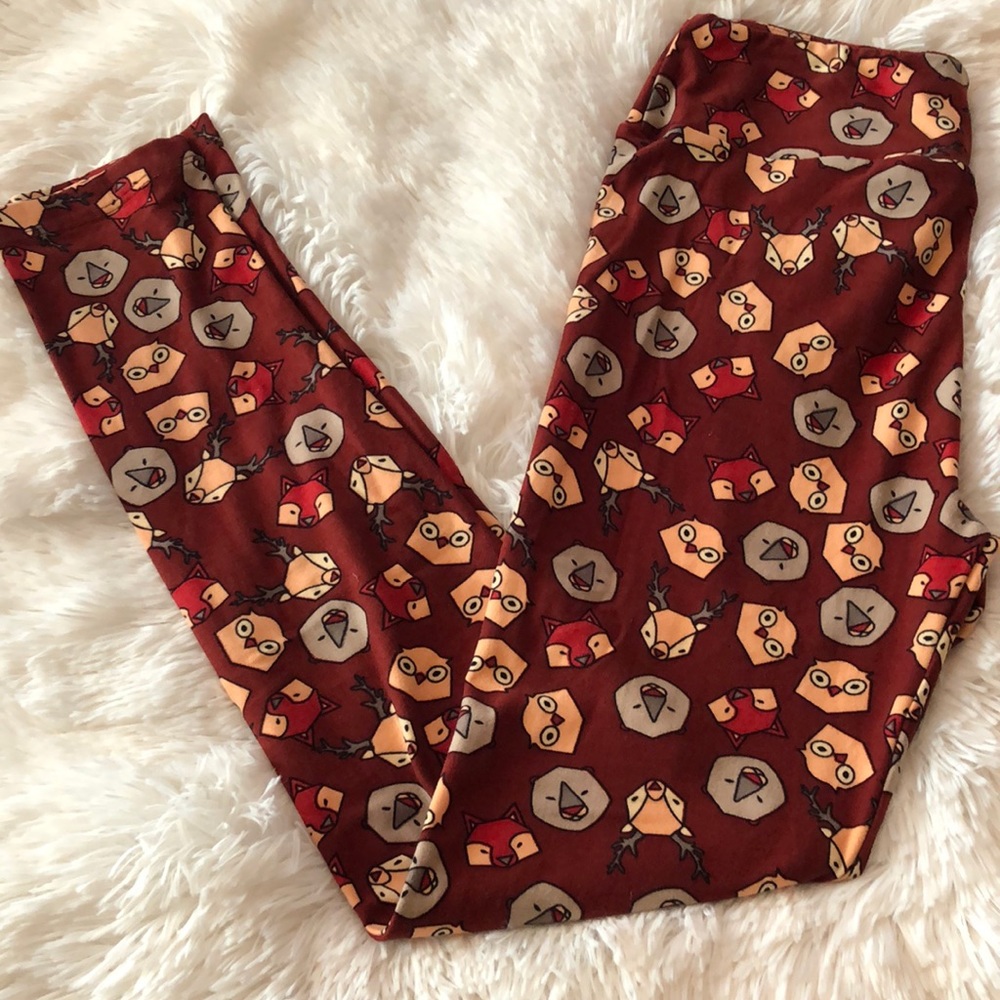 LuLaRoe Burgundy Fox Owl Print Leggings One Size 2-10